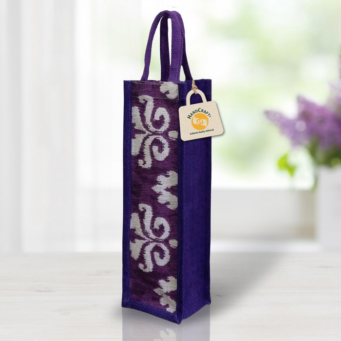 Purple bottle bag with long handles and a decorative printed design
