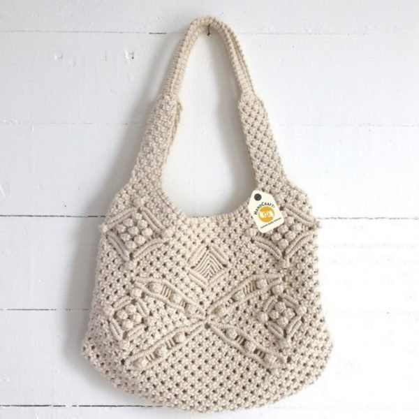 Ivory Hand Knotted Macrame Pouch with Shoulder Strap | Women/Girl Handmade  Cotton Boho Crochet Beaded | Medium Cream Macrame Bag |