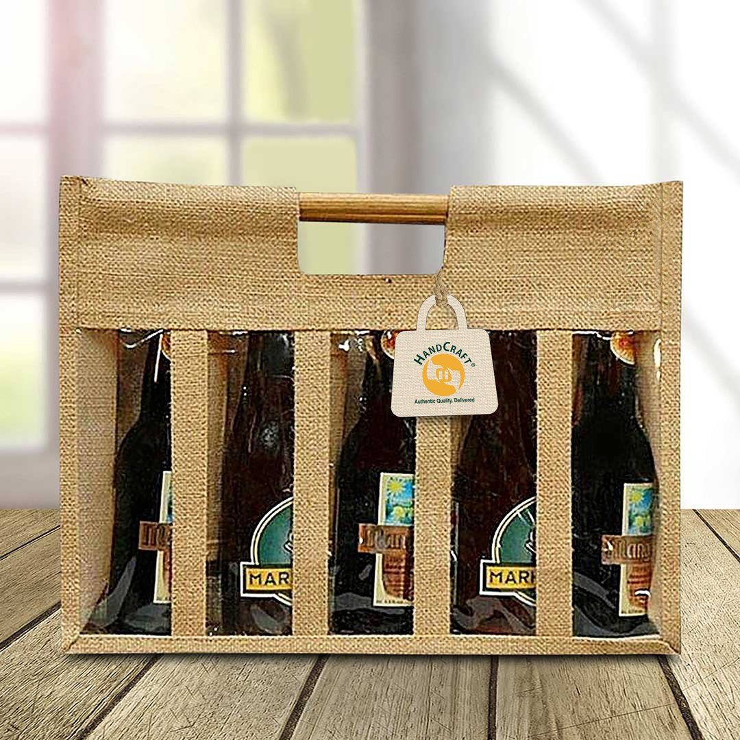 Jute gift bag with a window beside a printed branding area