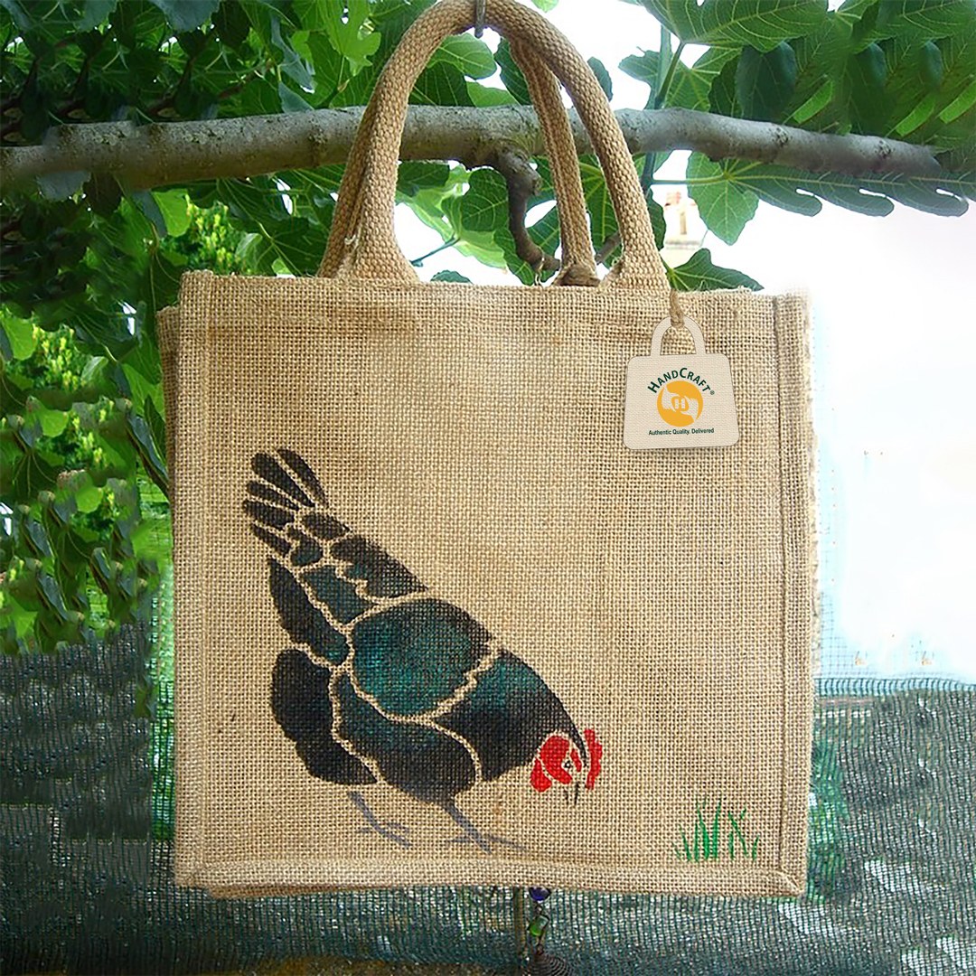 Close view of artwork on jute weave, showing the limits of fine detail