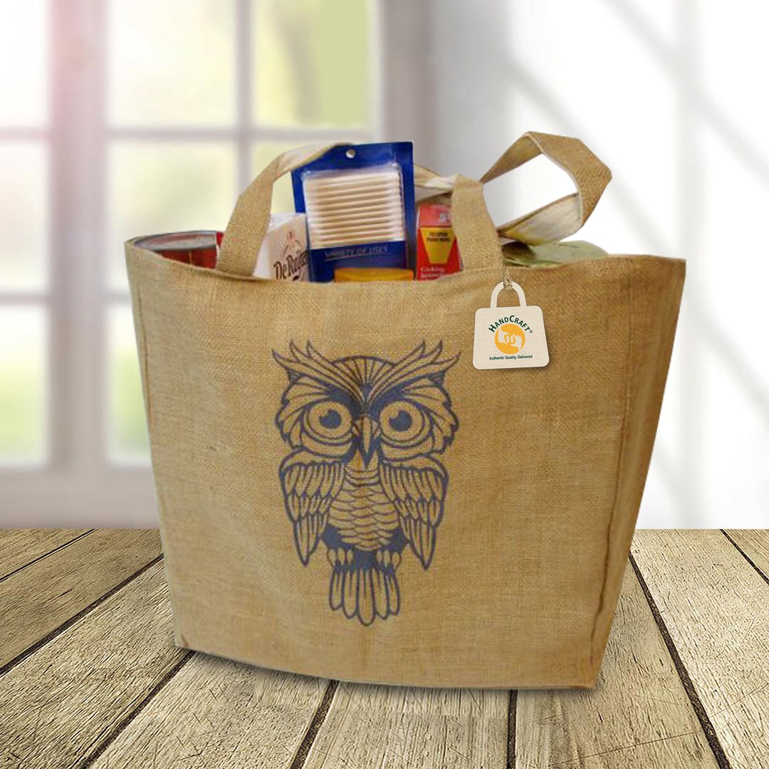 Owl-print bag filled with example packaged items.