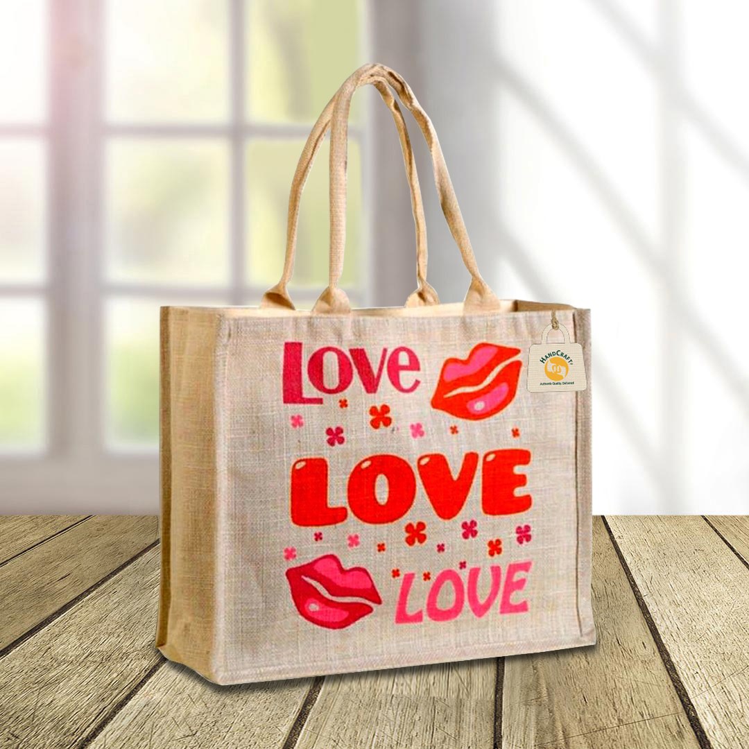 Natural-colour bag with a red Love print and rounded handles.