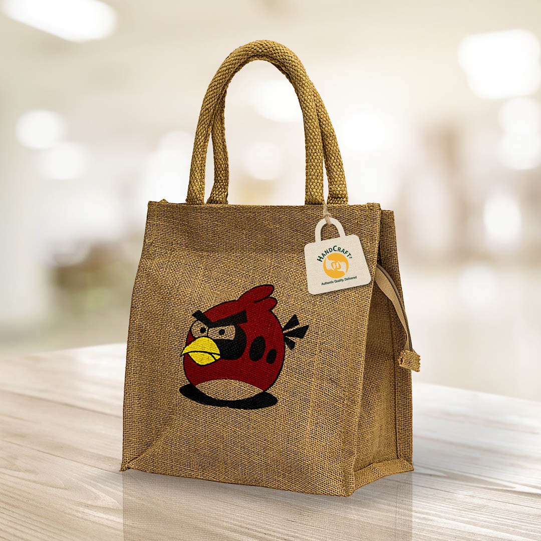 Jute gift bag holding a packaged gift
