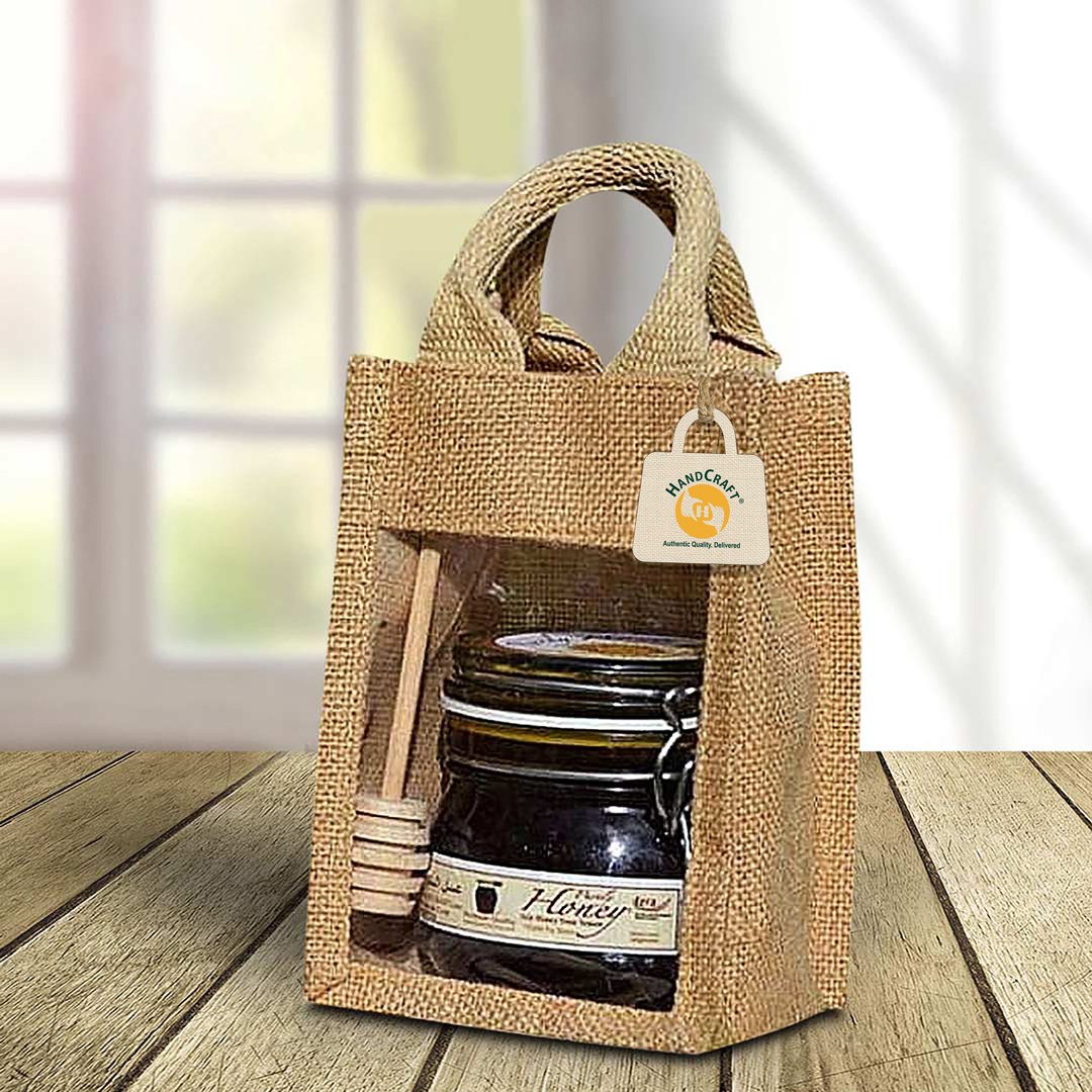 Jute gift bag with a window showing the gift