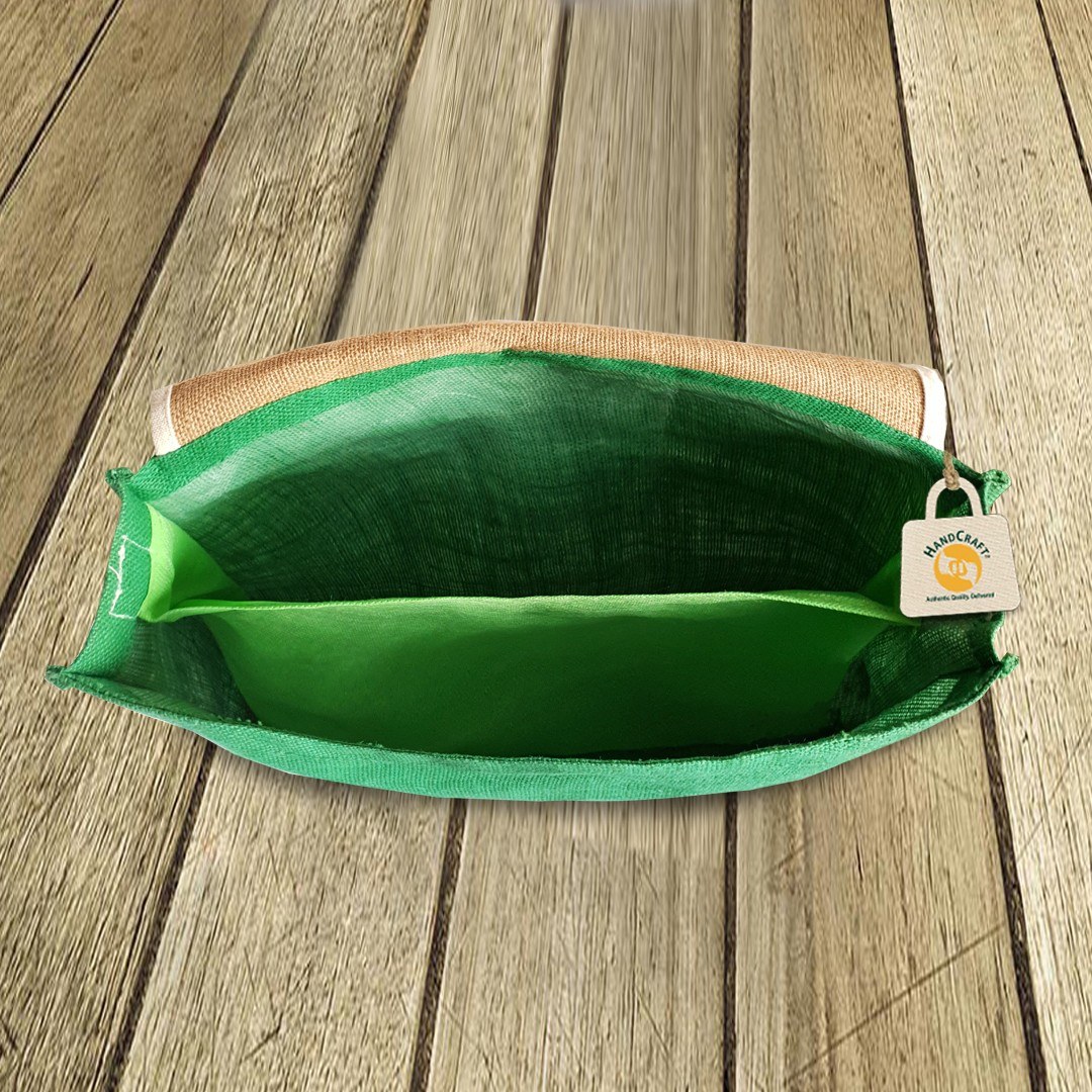 Open jute bag seen from above, showing a green interior.