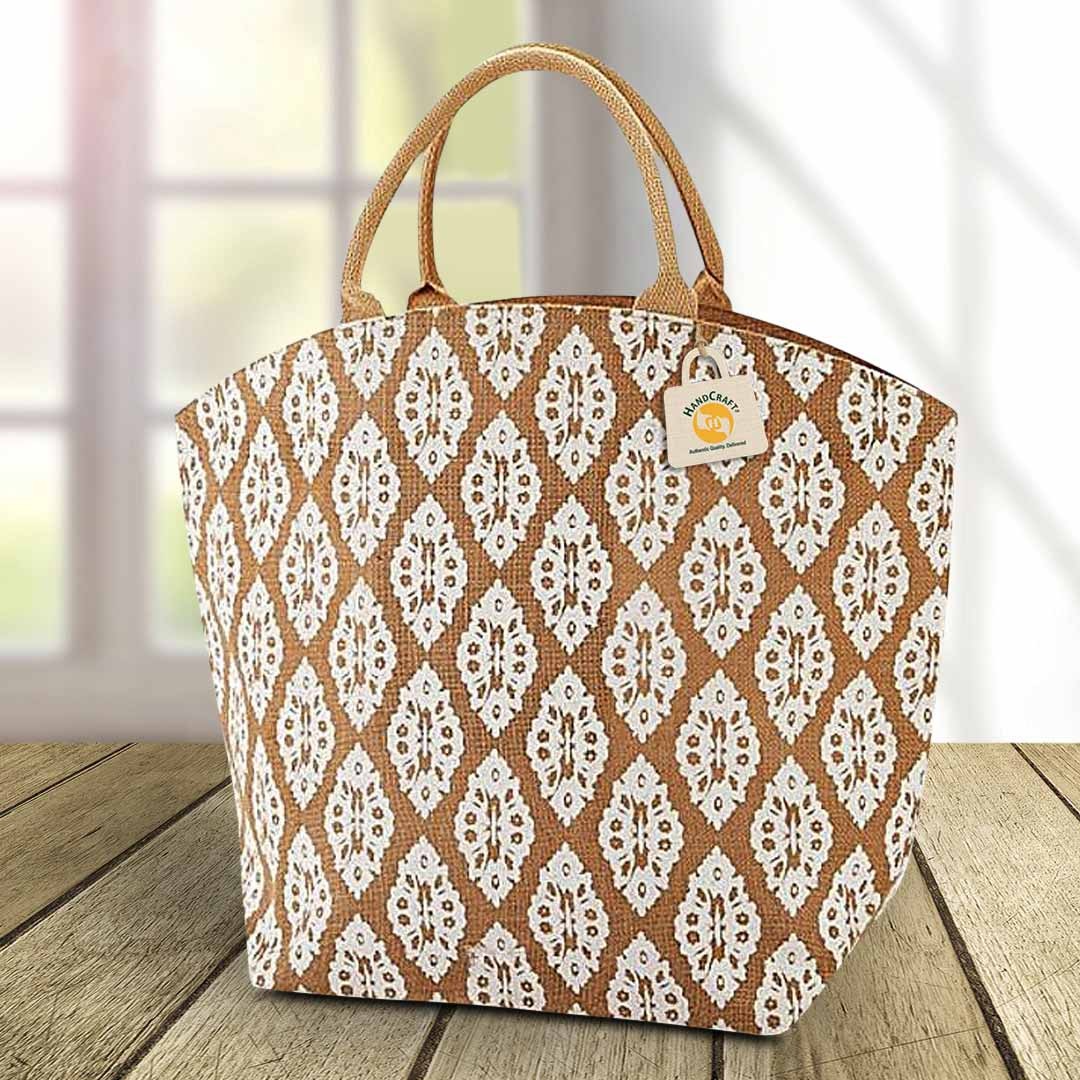 Bag with an all-over white geometric print.