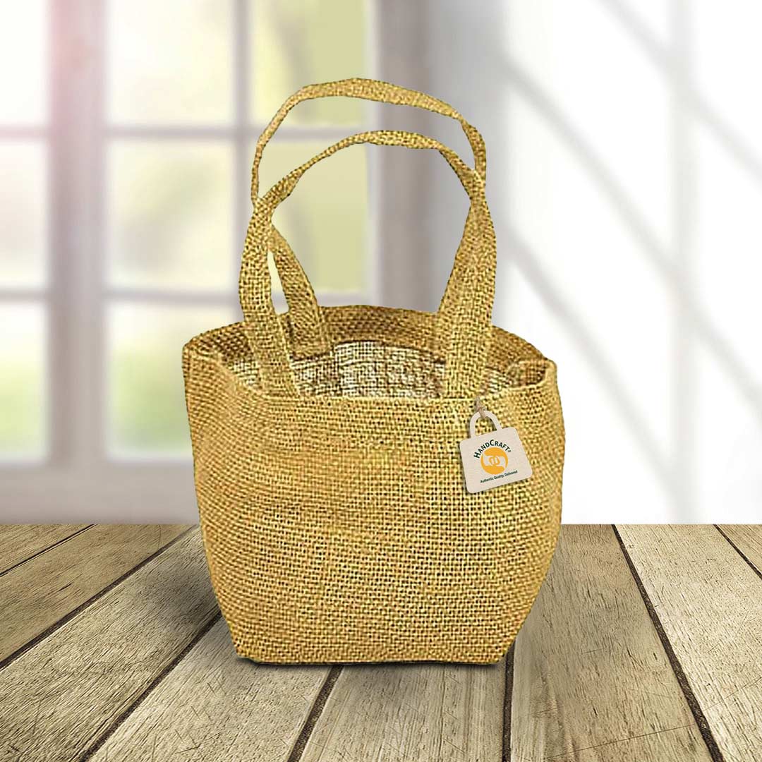Woven handbag with curved handles.
