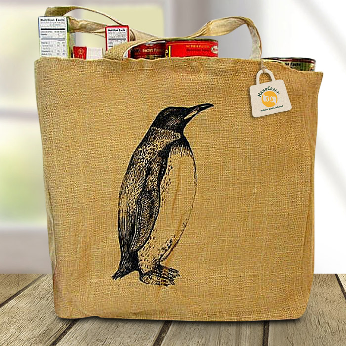 Bird-print bag filled with example groceries.