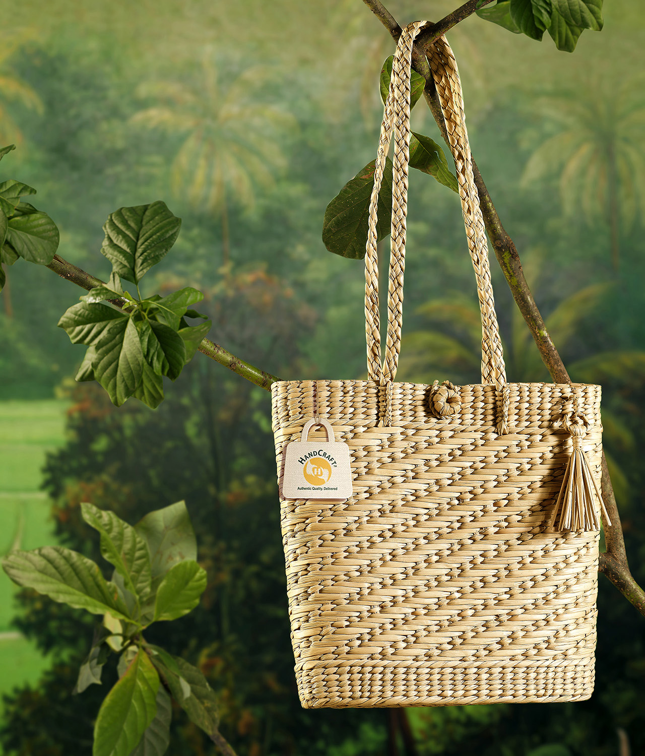 Woven sling bag with a long strap.