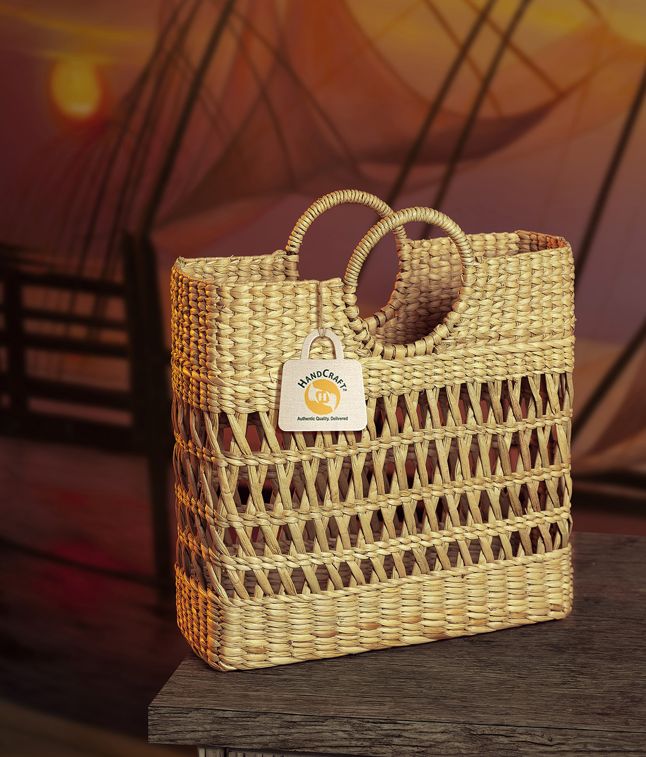 Woven basket bag with curved handles.