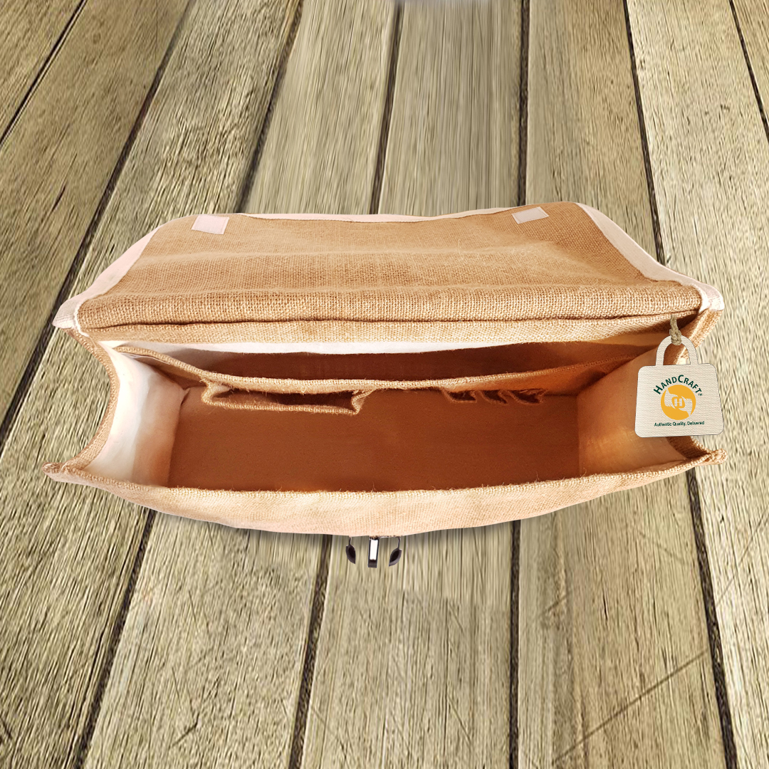 Open beige office bag showing internal pockets and compartments.