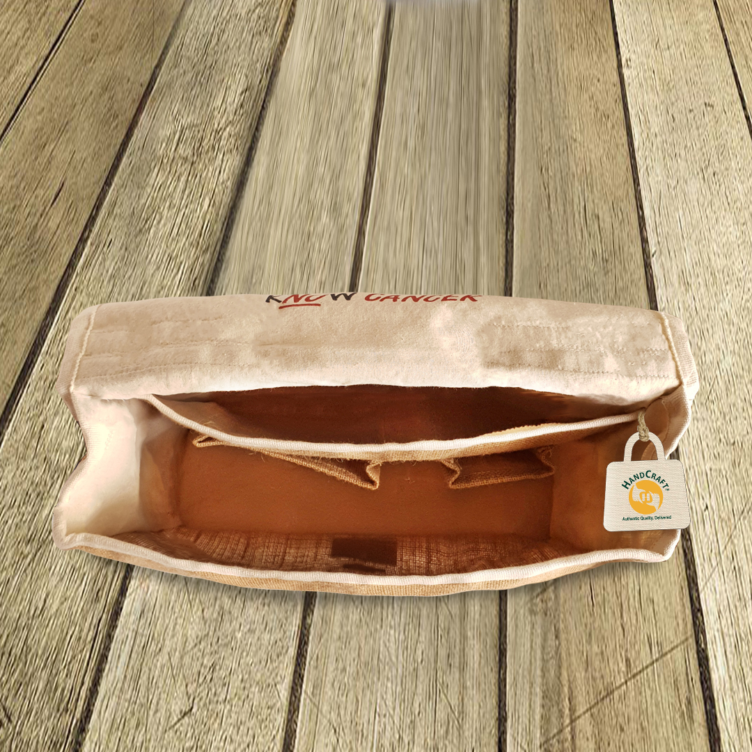 Open office bag showing its pale interior and compartments.